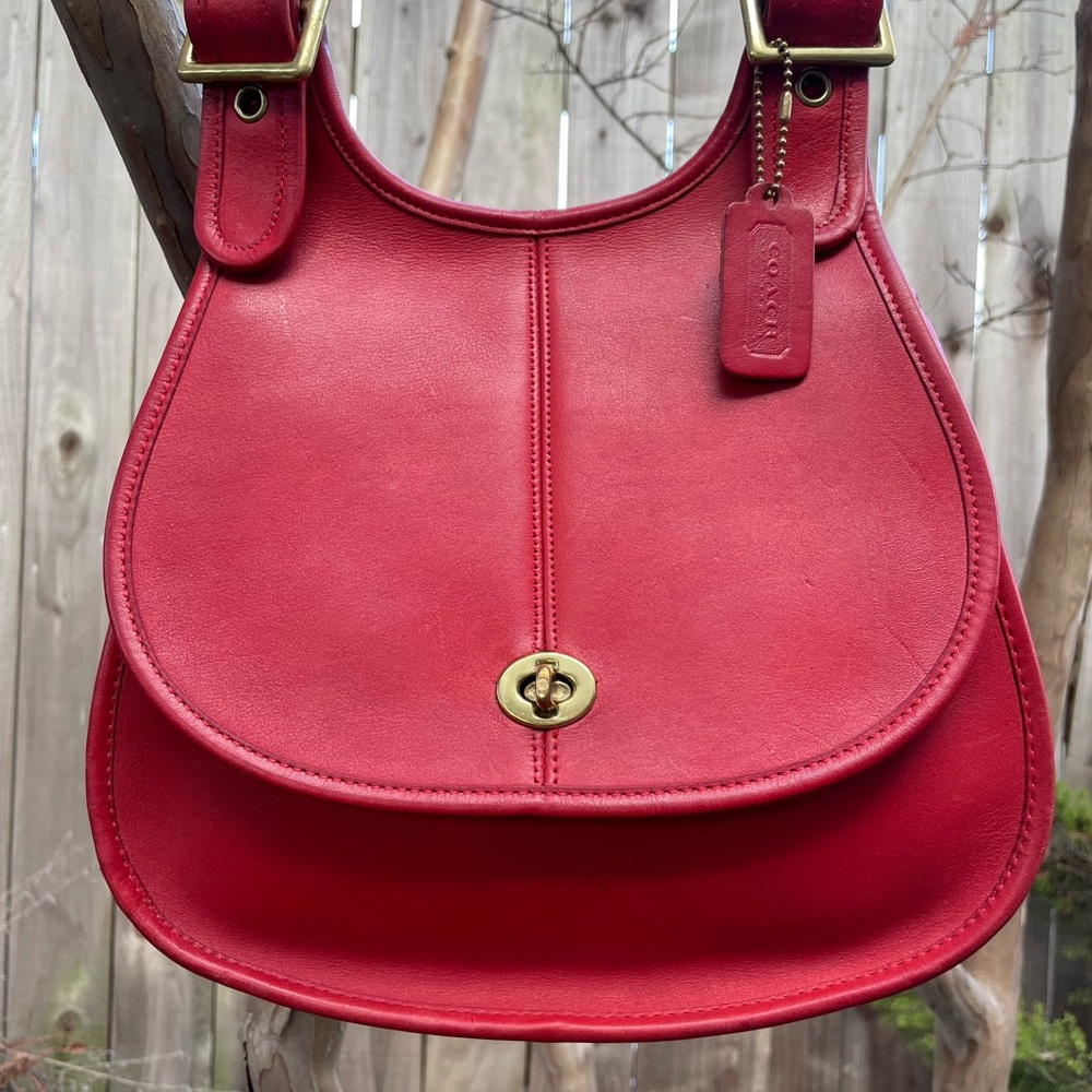 Stunning Vintage Coach Red Leather Crescent Bag, Brass Hardware Sold elsewhere
